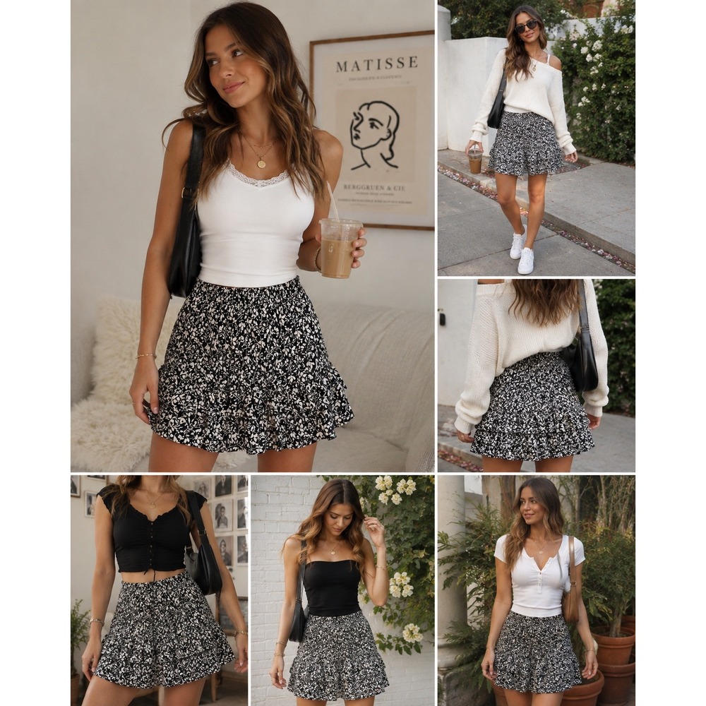 Loft Floral Mini Skirt Womens M Black White Smocked Ruffle Tiered Boho Casual